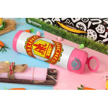 Manchester United F.C., Πασχαλινή Λαμπάδα με Παιδικό παγούρι θερμό, ανοξείδωτο, με καλαμάκι ασφαλείας, ΡΟΖ (500ml)