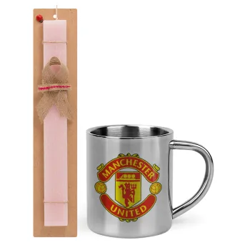 Manchester United F.C., Easter Set, metallic thermal cup (300ml) & aromatic flat Easter candle (30cm) (PINK)