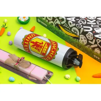 Manchester United F.C., Πασχαλινή Λαμπάδα με Travel Tumbler θερμό με διπλό καπάκι (600ml, BPA free) & κερί αρωματικό πλακέ (30cm) (ΡΟΖ)