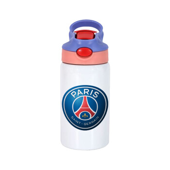 Paris Saint-Germain F.C., Children's hot water bottle, stainless steel, with safety straw, pink/purple (350ml)