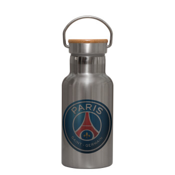 Paris Saint-Germain F.C., Μεταλλικό παγούρι θερμός (Stainless steel) Ασημένιο με ξύλινο καπακι (bamboo), διπλού τοιχώματος, 350ml