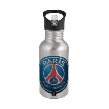 Paris Saint-Germain F.C., Παγούρι νερού Ασημένιο με καλαμάκι, ανοξείδωτο ατσάλι 500ml