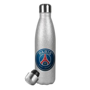Paris Saint-Germain F.C., Μεταλλικό παγούρι θερμός Glitter Aσημένιο (Stainless steel), διπλού τοιχώματος, 500ml