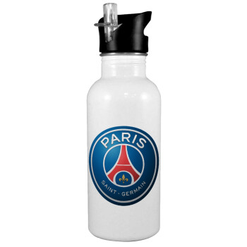 Paris Saint-Germain F.C., White water bottle with straw, stainless steel 600ml