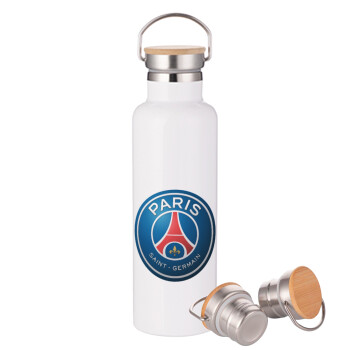 Paris Saint-Germain F.C., Stainless steel White with wooden lid (bamboo), double wall, 750ml