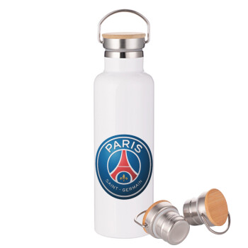 Paris Saint-Germain F.C., Μεταλλικό παγούρι θερμός (Stainless steel) Λευκό με ξύλινο καπάκι (bamboo), διπλού τοιχώματος, 750ml