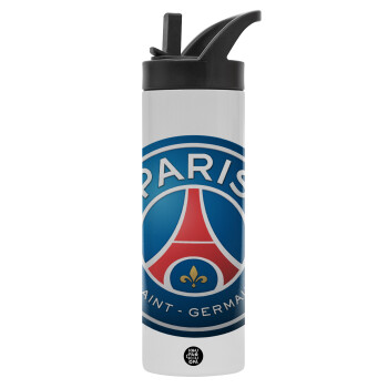Paris Saint-Germain F.C., Μεταλλικό παγούρι θερμός με καλαμάκι & χειρολαβή, ανοξείδωτο ατσάλι (Stainless steel 304), διπλού τοιχώματος, 600ml