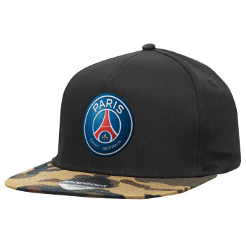 Paris Saint-Germain F.C., Καπέλο Ενηλίκων Flat Snapback Μαύρο/Παραλαγή, (100% ΒΑΜΒΑΚΕΡΟ, ΕΝΗΛΙΚΩΝ, UNISEX, ONE SIZE)