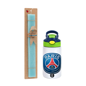 Paris Saint-Germain F.C., Πασχαλινό Σετ, Παιδικό παγούρι θερμό, ανοξείδωτο, με καλαμάκι ασφαλείας, πράσινο/μπλε (350ml) & πασχαλινή λαμπάδα αρωματική πλακέ (30cm) (ΤΙΡΚΟΥΑΖ)