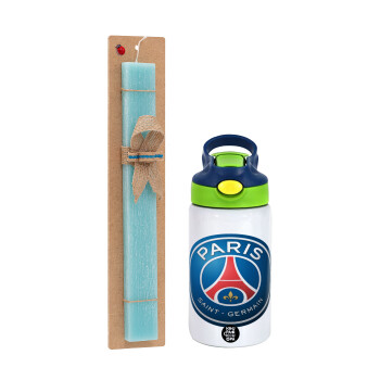 Paris Saint-Germain F.C., Easter Set, Children's thermal stainless steel bottle with safety straw, green/blue (350ml) & aromatic flat Easter candle (30cm) (TURQUOISE)