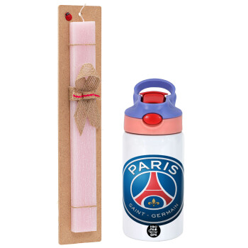 Paris Saint-Germain F.C., Πασχαλινό Σετ, Παιδικό παγούρι θερμό, ανοξείδωτο, με καλαμάκι ασφαλείας, ροζ/μωβ (350ml) & πασχαλινή λαμπάδα αρωματική πλακέ (30cm) (ΡΟΖ)