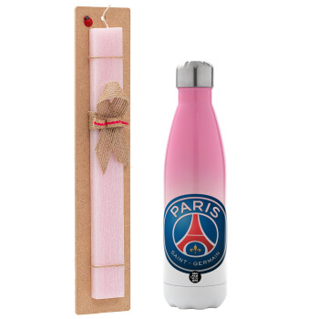 Paris Saint-Germain F.C., Easter Set, Metallic pink/white (Stainless steel) thermos, double-walled, 500ml & aromatic flat Easter candle (30cm) (PINK)