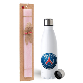 Paris Saint-Germain F.C., Easter Set, metallic stainless steel water bottle (750ml) & scented flat Easter candle (30cm) (PINK)