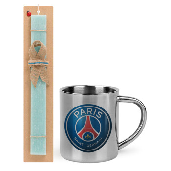 Paris Saint-Germain F.C., Πασχαλινό Σετ, μεταλλική κούπα θερμό (300ml) & πασχαλινή λαμπάδα αρωματική πλακέ (30cm) (ΤΙΡΚΟΥΑΖ)