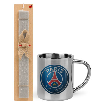 Paris Saint-Germain F.C., Πασχαλινό Σετ, μεταλλική κούπα θερμό (300ml) & πασχαλινή λαμπάδα αρωματική πλακέ (30cm) (ΓΚΡΙ)