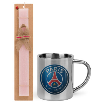 Paris Saint-Germain F.C., Πασχαλινό Σετ, μεταλλική κούπα θερμό (300ml) & πασχαλινή λαμπάδα αρωματική πλακέ (30cm) (ΡΟΖ)