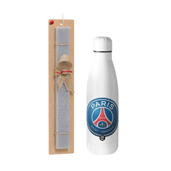 Paris Saint-Germain F.C., Easter Set, metallic stainless thermos bottle (500ml) & scented flat Easter candle (30cm) (GRAY)