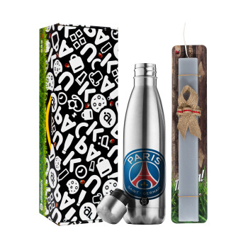 Paris Saint-Germain F.C., Easter Set, metallic stainless thermos flask (500ml) & scented flat Easter candle (30cm) (GRAY)