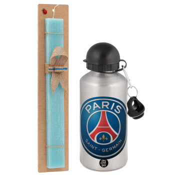 Paris Saint-Germain F.C., Πασχαλινό Σετ, παγούρι μεταλλικό Ασημένιο αλουμινίου (500ml) & πασχαλινή λαμπάδα αρωματική πλακέ (30cm) (ΤΙΡΚΟΥΑΖ)