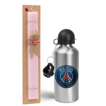 Paris Saint-Germain F.C., Πασχαλινό Σετ, παγούρι μεταλλικό Ασημένιο αλουμινίου (500ml) & πασχαλινή λαμπάδα αρωματική πλακέ (30cm) (ΡΟΖ)