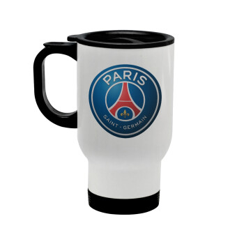 Paris Saint-Germain F.C., Κούπα ταξιδιού ανοξείδωτη με καπάκι, διπλού τοιχώματος (θερμό) λευκή 450ml