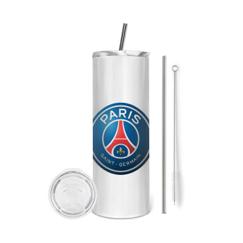 Paris Saint-Germain F.C., Tumbler ποτήρι θερμό από ανοξείδωτο ατσάλι 600ml, με μεταλλικό καλαμάκι & βούρτσα καθαρισμού