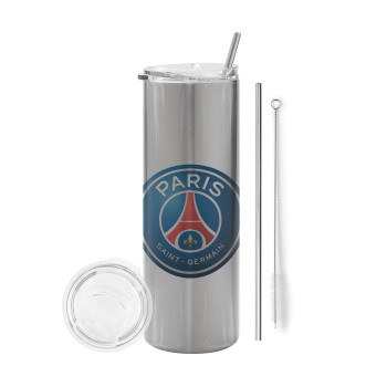 Paris Saint-Germain F.C., Tumbler ποτήρι θερμό Ασημένιο από ανοξείδωτο ατσάλι 600ml, με μεταλλικό καλαμάκι & βούρτσα καθαρισμού
