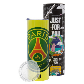 Paris Saint-Germain F.C., Neon Yellow Travel Tumbler θερμό, μεταλλικό καλαμάκι(Ανωξείδωτο 304 Food grade, BPA free, 600ml)
