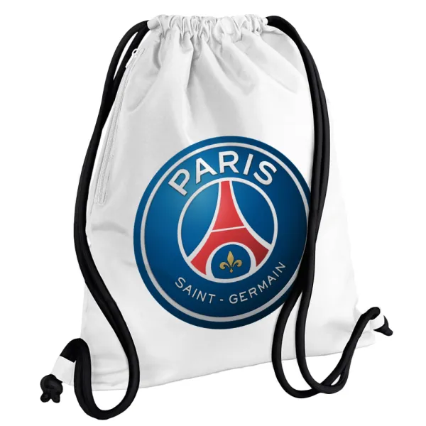 Paris Saint-Germain F.C. — Τσάντα πλάτης πουγκί GYMBAG λευκή, με τσέπη (40x48cm) & χονδρά κορδόνια