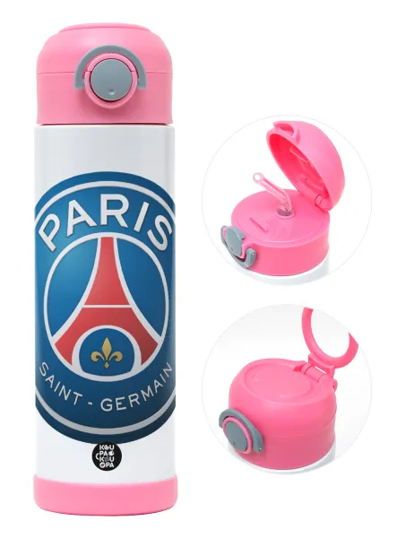 Paris Saint-Germain F.C. — Παιδικό παγούρι θερμό, ανοξείδωτο, με καλαμάκι ασφαλείας, ΡΟΖ (500ml)