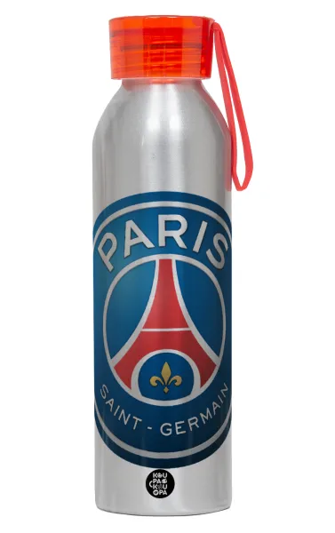 Paris Saint-Germain F.C. — Αλουμινένιο Αθλητικό Μπουκάλι 650ml – Ασημί με Κόκκινο Καπάκι και Λουράκι Σιλικόνης