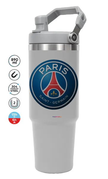 Paris Saint-Germain F.C. — ΓΚΡΙ Travel Tumbler Θερμός με χερούλι και καλαμάκι 890ml