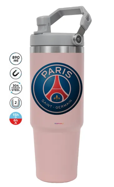 Paris Saint-Germain F.C. — ΡΟΖ Travel Tumbler Θερμός με χερούλι και καλαμάκι 890ml