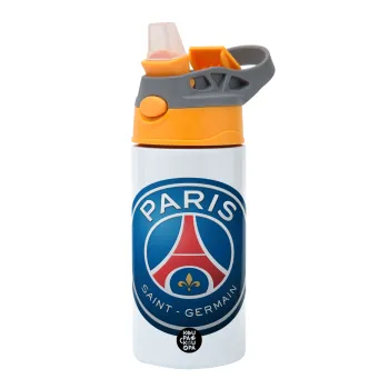 Paris Saint-Germain F.C., Children's hot water bottle, stainless steel, with safety straw, Orange/Grey (360ml) BPA-FREE