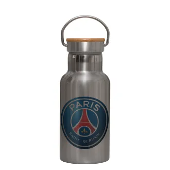 Paris Saint-Germain F.C., Μεταλλικό παγούρι θερμός (Stainless steel) Ασημένιο με ξύλινο καπακι (bamboo), διπλού τοιχώματος, 350ml