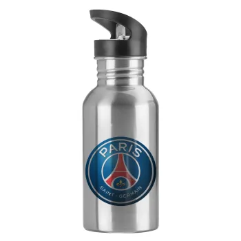 Paris Saint-Germain F.C., Water bottle Silver with straw, stainless steel 600ml