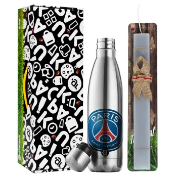 Paris Saint-Germain F.C., Easter Set, metallic stainless thermos flask (500ml) & scented flat Easter candle (30cm) (GRAY)