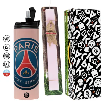 Paris Saint-Germain F.C., Πασχαλινή Λαμπάδα με  ΡΟΖ Travel Tumbler θερμό (600ml, BPA free) & κερί αρωματικό πλακέ (30cm) (ΡΟΖ)