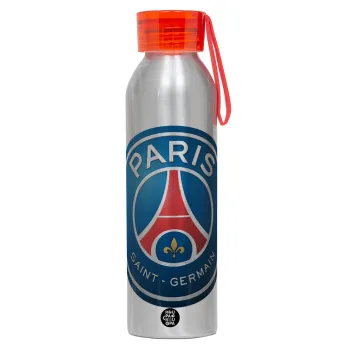 Paris Saint-Germain F.C., Αλουμινένιο Αθλητικό Μπουκάλι 650ml – Ασημί με Κόκκινο Καπάκι και Λουράκι Σιλικόνης