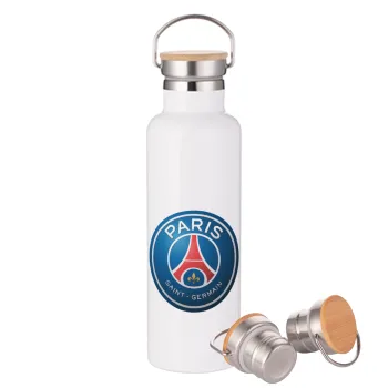 Paris Saint-Germain F.C., Μεταλλικό παγούρι θερμός (Stainless steel) Λευκό με ξύλινο καπάκι (bamboo), διπλού τοιχώματος, 750ml