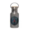 Stainless steel metallic thermos flask, silver with a bamboo lid, double-walled, 350ml.