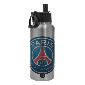 Paris Saint-Germain F.C., Μεταλλικό παγούρι θερμός Silver με καλαμάκι και χερούλι (Stainless steel), διπλού τοιχώματος, 950ml