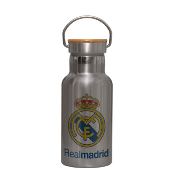 Real Madrid CF, Μεταλλικό παγούρι θερμός (Stainless steel) Ασημένιο με ξύλινο καπακι (bamboo), διπλού τοιχώματος, 350ml