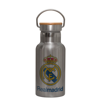 Real Madrid CF, Stainless steel metallic thermos flask, silver with a bamboo lid, double-walled, 350ml.