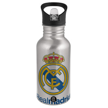 Real Madrid CF, Παγούρι νερού Ασημένιο με καλαμάκι, ανοξείδωτο ατσάλι 500ml