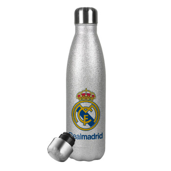 Real Madrid CF, Μεταλλικό παγούρι θερμός Glitter Aσημένιο (Stainless steel), διπλού τοιχώματος, 500ml