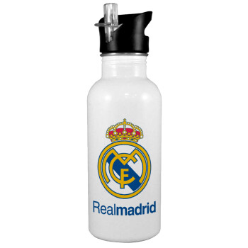 Real Madrid CF, Παγούρι νερού Λευκό με καλαμάκι, ανοξείδωτο ατσάλι 600ml