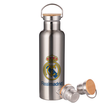 Real Madrid CF, Μεταλλικό παγούρι θερμός (Stainless steel) Ασημένιο με ξύλινο καπακι (bamboo), διπλού τοιχώματος, 750ml