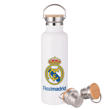 Real Madrid CF, Μεταλλικό παγούρι θερμός (Stainless steel) Λευκό με ξύλινο καπακι (bamboo), διπλού τοιχώματος, 750ml