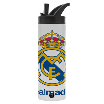 Real Madrid CF, Μεταλλικό παγούρι θερμός με καλαμάκι & χειρολαβή, ανοξείδωτο ατσάλι (Stainless steel 304), διπλού τοιχώματος, 600ml